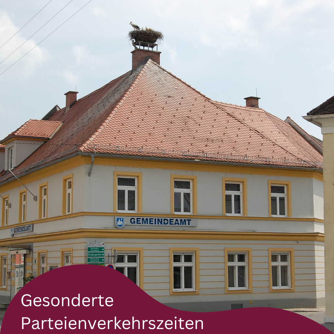 A building with a red roof and yellow trim features several windows and a nest on top. A sign reads 'Gemeindeamt'. Below the building, a text reads 'Gesondierte Parteiverkehrszeiten'.
