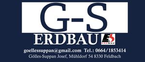 Unternehmenswerbung für G-S ERDBAU, Kontaktdaten umfassen E-Mail-Adresse, Telefonnummer und physische Adresse.