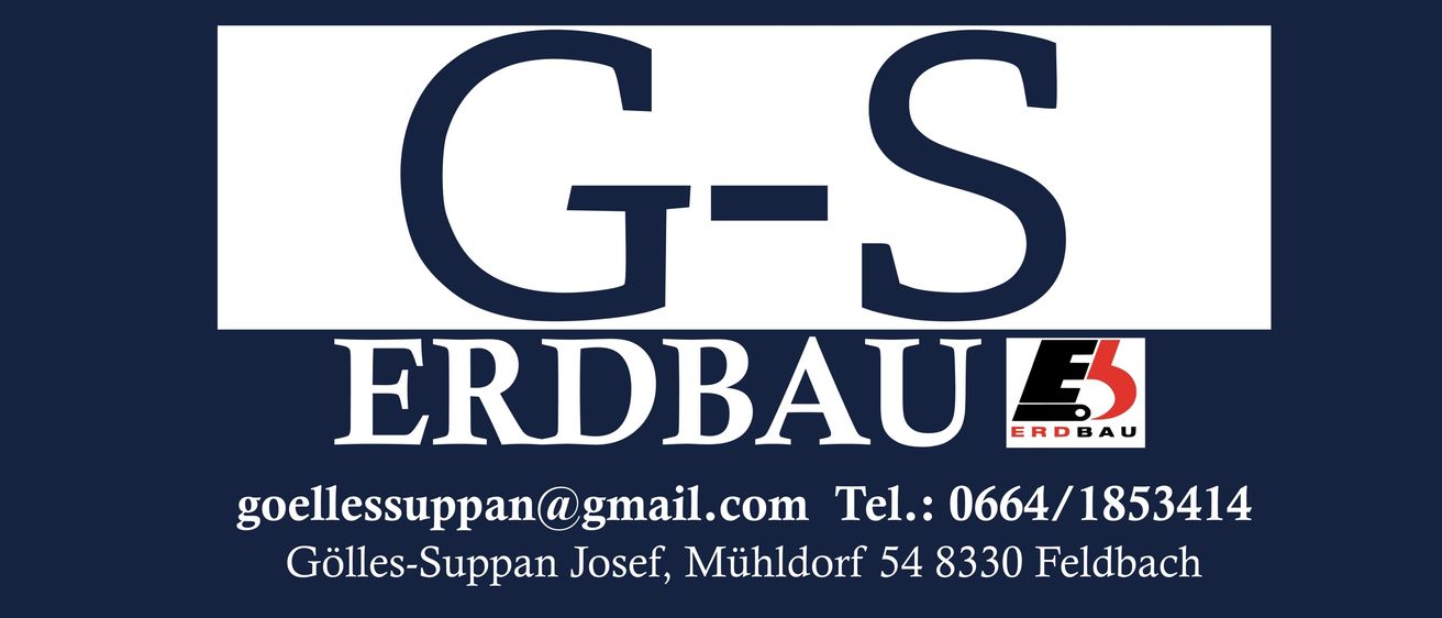 Unternehmenswerbung für G-S ERDBAU, Kontaktdaten umfassen E-Mail-Adresse, Telefonnummer und physische Adresse.
