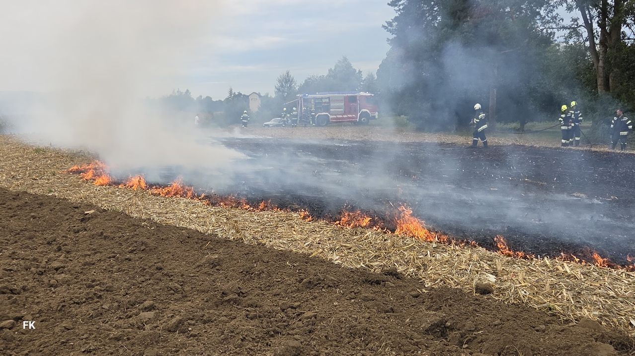 Firefighters are battling a blaze in a field, with a red fire truck parked nearby. Smoke and flames are visible, and one firefighter stands in the foreground.