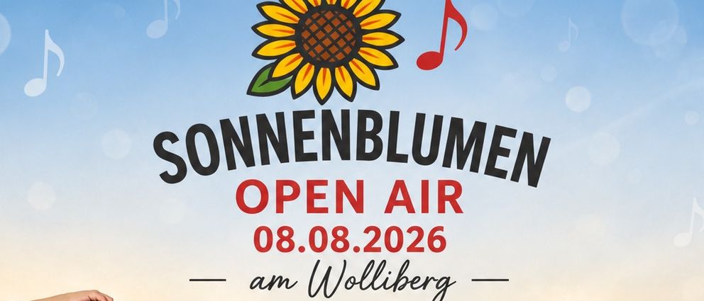 Eine Gruppe von Menschen auf einem Feld, einige halten Musikinstrumente, mit einem blauen Himmel und Musiknoten im Hintergrund. Die Veranstaltung heißt 'Sonnenblumen Open Air' und ist für den 08.08.2026 geplant.