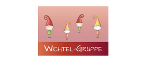 Eine Illustration von drei Cartoon-Charakteren mit Hüten, die in einer Reihe stehen. Der Hintergrund ist rosa und rot, mit dem Text 'Wichtel-Gruppe' in weiß.
