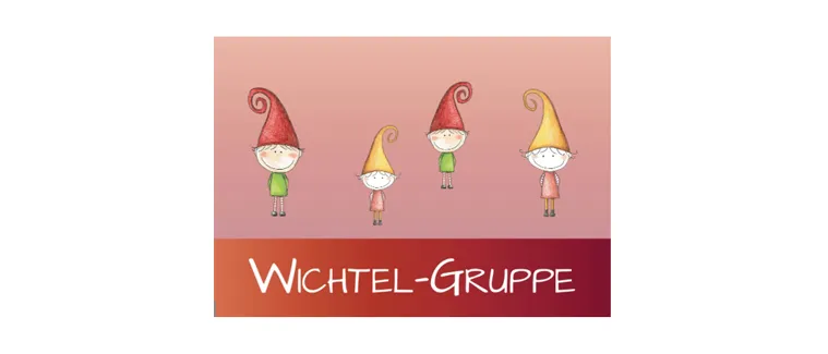 Eine Illustration von drei Cartoon-Charakteren mit Hüten, die in einer Reihe stehen. Der Hintergrund ist rosa und rot, mit dem Text 'Wichtel-Gruppe' in weiß.
