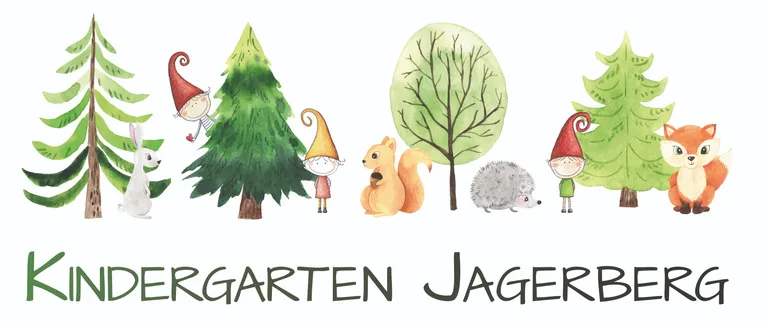 Illustration eines Gnoms, eines Eichhörnchens, eines Igels und eines Baumes. Unten erscheinen die Worte 'Garten Jagen'.