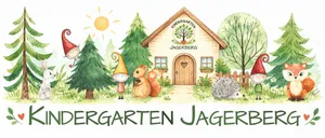 Illustration eines Kindergartens mit einem Gnom und einem Eichhörnchen vor dem Gebäude. Das Gebäude hat ein Baumlogo und den Namen Jagerberg.