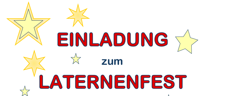 Ein Bild mit weißem Hintergrund, das gelbe Sterne und roten Text enthält, der 'EINLADUNG zum LATERNENFEST' lautet. Die Sterne sind um den Text herum angeordnet, und der Text ist zentriert im Bild.