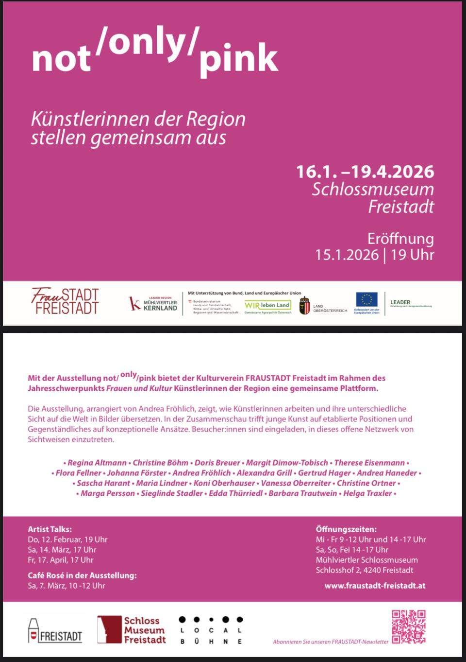 Plakat für eine Kunstausstellung im Schlossmuseum Freistadt vom 16. Januar bis 19. April 2026. Es zeigt eine Gruppe von Künstlerinnen, darunter Regina Altmann, Christine Böhm und andere. Die Ausstellung dreht sich um Frauen und Kultur. Eröffnung am 15. Februar 2026 um 19 Uhr.