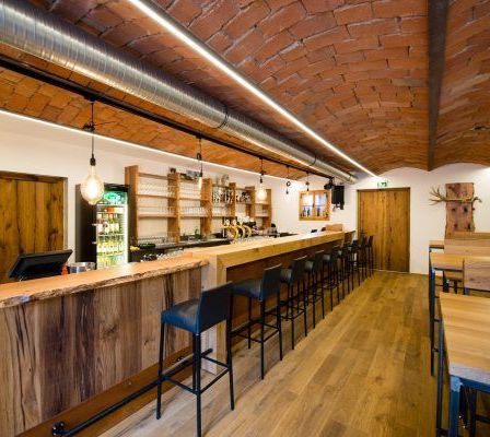 Indoors, Interior Design, Wood, Hardwood, Restaurant, Pub, Dining Table, Table, Monitor, Stained Wood