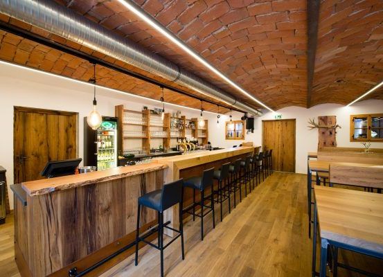 Indoors, Interior Design, Wood, Hardwood, Restaurant, Pub, Dining Table, Table, Monitor, Stained Wood