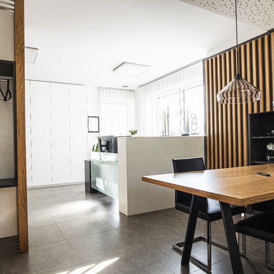 Indoors, Interior Design, Table, Wood Panels, Lamp, Dining Table, Chair, Dining Room, Floor, Plant