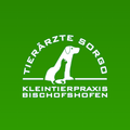 Ein grüner Hintergrund zeigt das Logo von Tierarzte Sorge, das einen Hund und eine Katze darstellt, mit dem Text Kleintierpraxis Bischofshofen darunter.