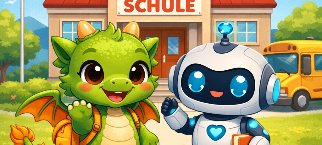 Ein kleiner Drache und ein Roboter stehen vor einem Schulgebäude. Der Drache hat einen Rucksack und der Roboter hält ein Buch. Die Schule hat ein rotes Dach und eine Uhr über der Tür.