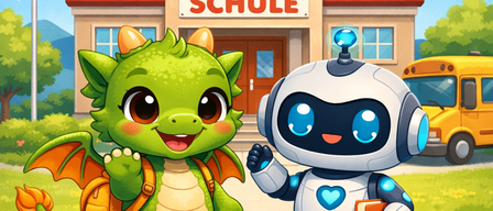 Ein kleiner Drache und ein Roboter stehen vor einem Schulgebäude. Der Drache hat einen Rucksack und der Roboter hält ein Buch. Die Schule hat ein rotes Dach und eine Uhr über der Tür.