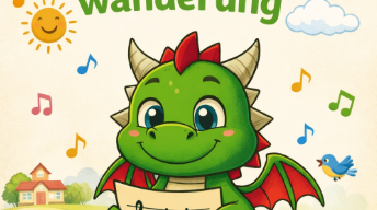 A green dragon holding a music note sheet with Kinderlieder Wanderung on top. Musical notes surround the dragon, with a house, sun, and clouds in the background.