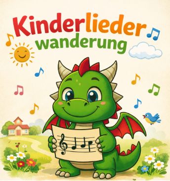 A green dragon holding a music note sheet with Kinderlieder Wanderung on top. Musical notes surround the dragon, with a house, sun, and clouds in the background.