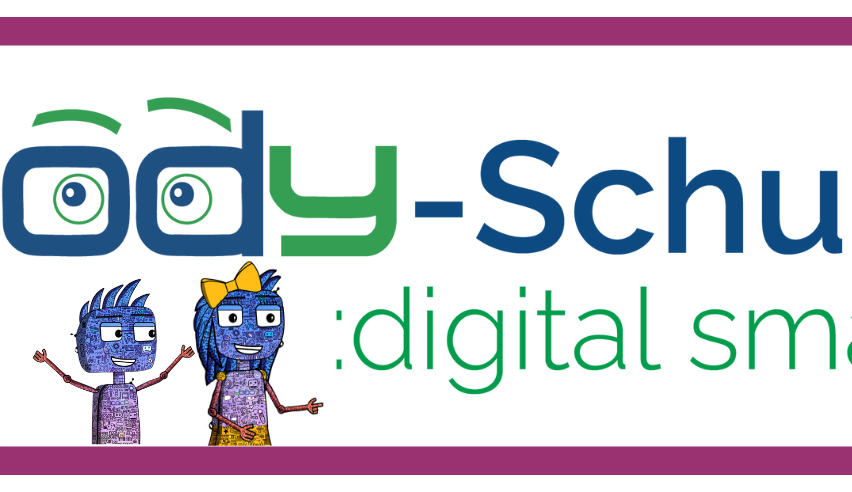 Das Logo für 'body-school' zeigt zwei Cartoon-Figuren, eine zeigt mit dem Finger und die andere lächelt. Der Text 'digital sm' ist in Grün.