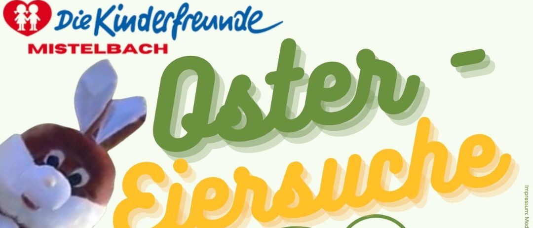 Ein Einladungsposter mit einem Hasen, Ostereiern und grünen und gelben Wolken. Es steht 'Eiersuche' (Eiersuche) und erwähnt freien Eintritt, einen Spielplatz und Aktivitäten mit dem Osterhasen. Es bietet auch Essen und Getränke an.