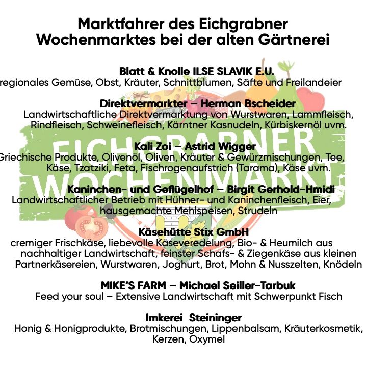 Marktplan des Eichgrabner Wochenmarkts beim alten Bauernhof. Verschiedene Lebensmittelhändler und Produkte aus lokaler Landwirtschaft sind vertreten. Stände bieten regionales Gemüse, Obst, Kräuter, Schnittblumen, Säfte und Freilandgeflügel. Direktvermarkter verkaufen Wurstwaren, Lammfleisch, Rindfleisch, Schweinefleisch, Kärntner Kasnudeln und Kürbiskernöl. Griechische Produkte, Oliven, Olivenöl, Kräuter, Käse, Tzatziki, Feta, Fisch, Joghurt und Joghurt sind erhältlich.