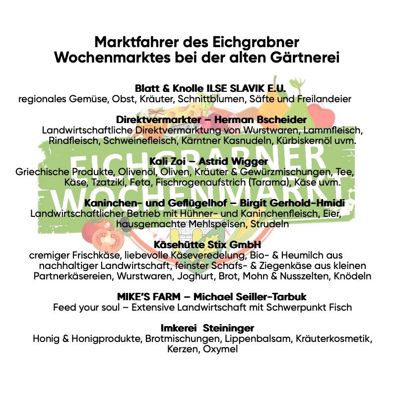 Marktplan des Eichgrabner Wochenmarkts beim alten Bauernhof. Verschiedene Lebensmittelhändler und Produkte aus lokaler Landwirtschaft sind vertreten. Stände bieten regionales Gemüse, Obst, Kräuter, Schnittblumen, Säfte und Freilandgeflügel. Direktvermarkter verkaufen Wurstwaren, Lammfleisch, Rindfleisch, Schweinefleisch, Kärntner Kasnudeln und Kürbiskernöl. Griechische Produkte, Oliven, Olivenöl, Kräuter, Käse, Tzatziki, Feta, Fisch, Joghurt und Joghurt sind erhältlich.
