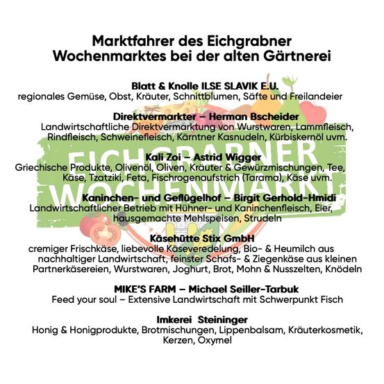 Marktplan des Eichgrabner Wochenmarkts beim alten Bauernhof. Verschiedene Lebensmittelhändler und Produkte aus lokaler Landwirtschaft sind vertreten. Stände bieten regionales Gemüse, Obst, Kräuter, Schnittblumen, Säfte und Freilandgeflügel. Direktvermarkter verkaufen Wurstwaren, Lammfleisch, Rindfleisch, Schweinefleisch, Kärntner Kasnudeln und Kürbiskernöl. Griechische Produkte, Oliven, Olivenöl, Kräuter, Käse, Tzatziki, Feta, Fisch, Joghurt und Joghurt sind erhältlich.