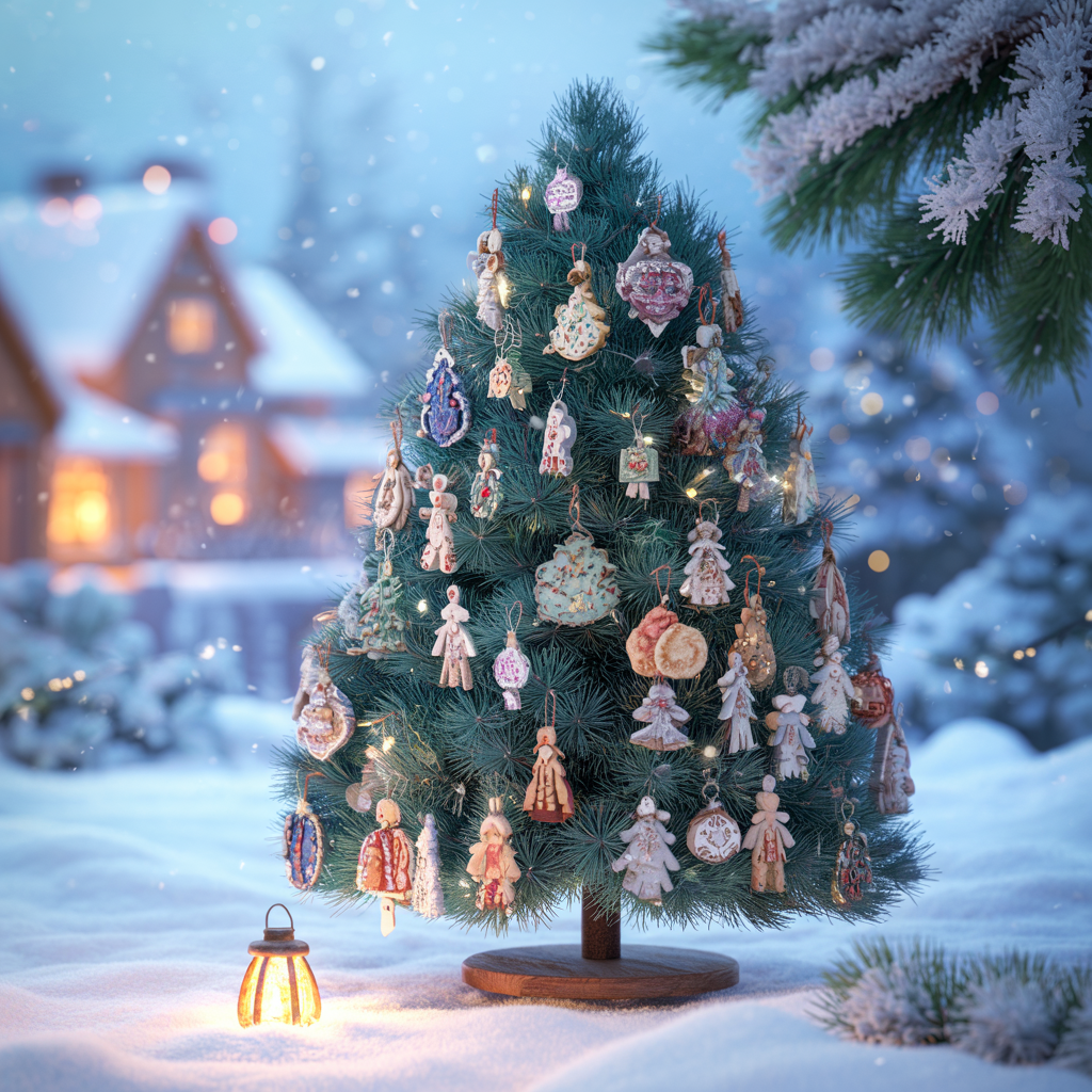 Ein Weihnachtsbaum ist wunderschön mit Ornamenten und Lichtern geschmückt und steht im Schnee vor einem gemütlichen Haus. Eine kleine Laterne verleiht der Szene Wärme.