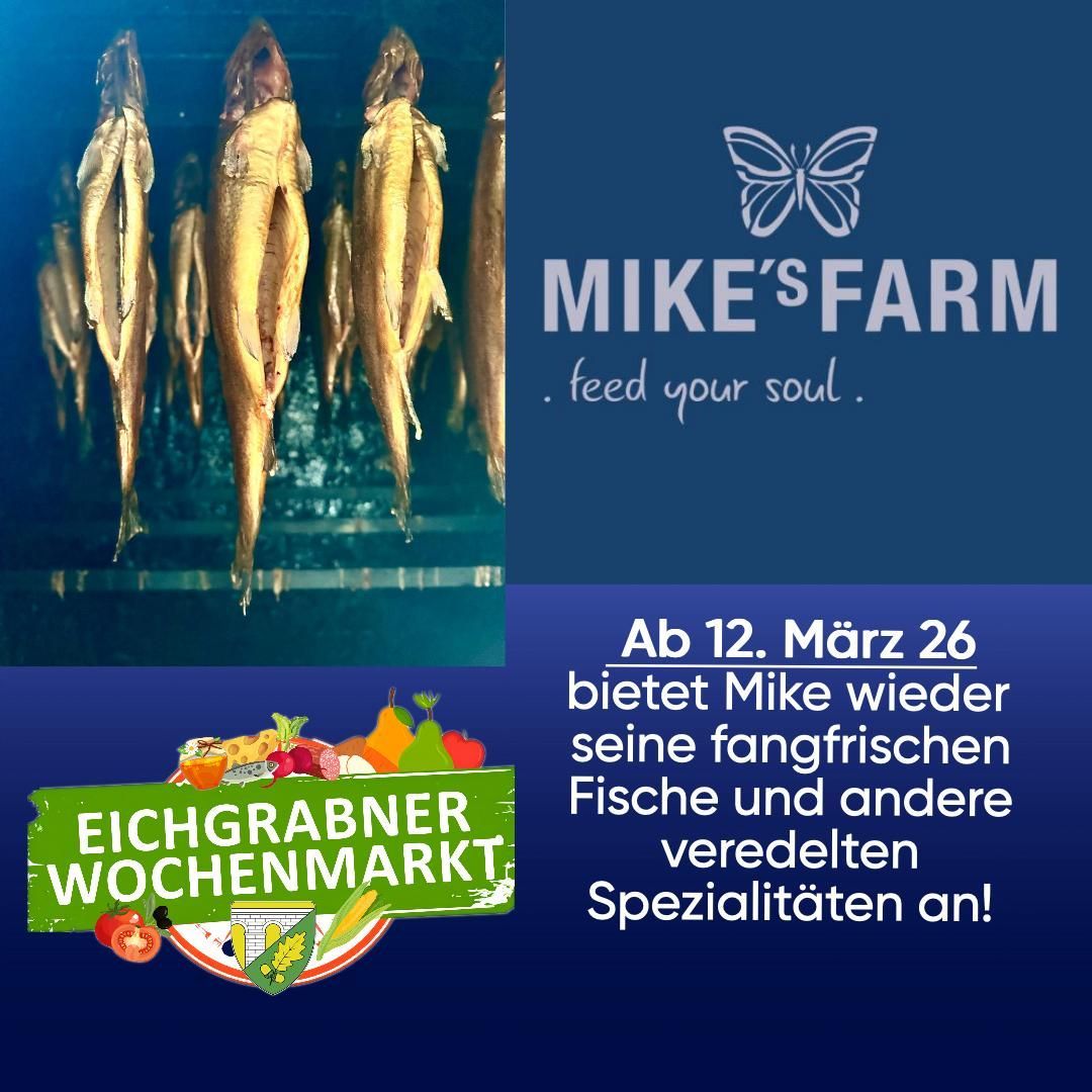 Die Werbung zeigt aufgehängte Fische und ein Logo mit Schmetterling, Text: 'Mike's Farm. Feed your soul.' Bietet frische Fische und andere Spezialitäten an. Datum: 12. März 2026.