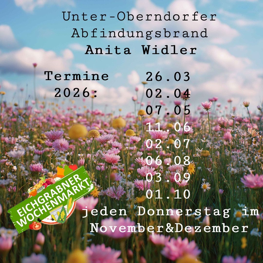 Ein Blumenfeld mit einer Liste von Terminen und Namen, darunter Unter-Oberndorfer, Abfindungsbrand, Anita Widler und Eichgrabener Wochenmarkt.