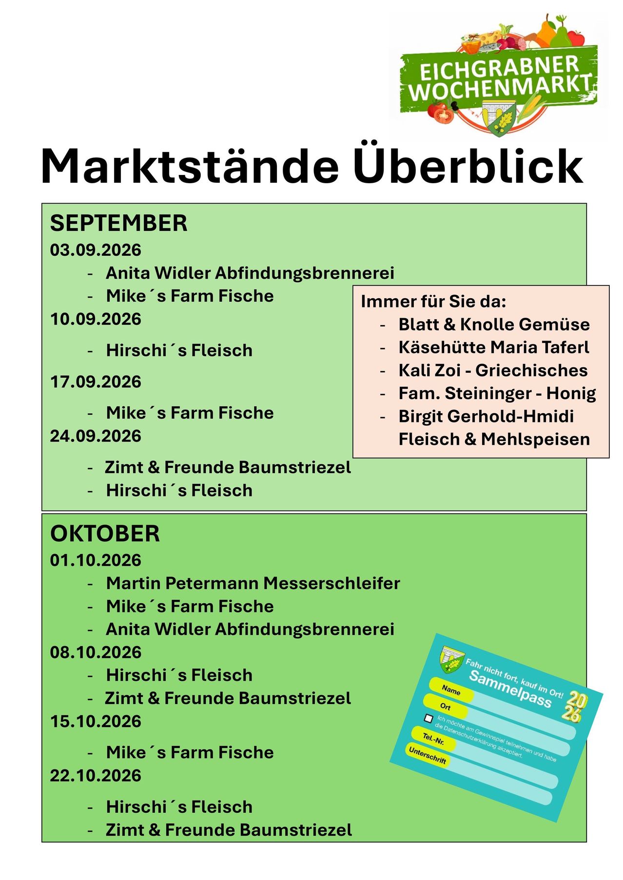 A poster displays a schedule of market stalls for September and October 2026. The stalls include Anita Widler Abfindungsbrennerei, Mike's Farm Fische, Hirschi's Fleisch, Zimt & Freunde Baumstriezel, Martin Petermann Messerschleifer, and Birgit Gerhold-Hmidi. The schedule lists dates and names of the stalls. A blue ticket with the text 'Sammelpass 2026' is also visible.