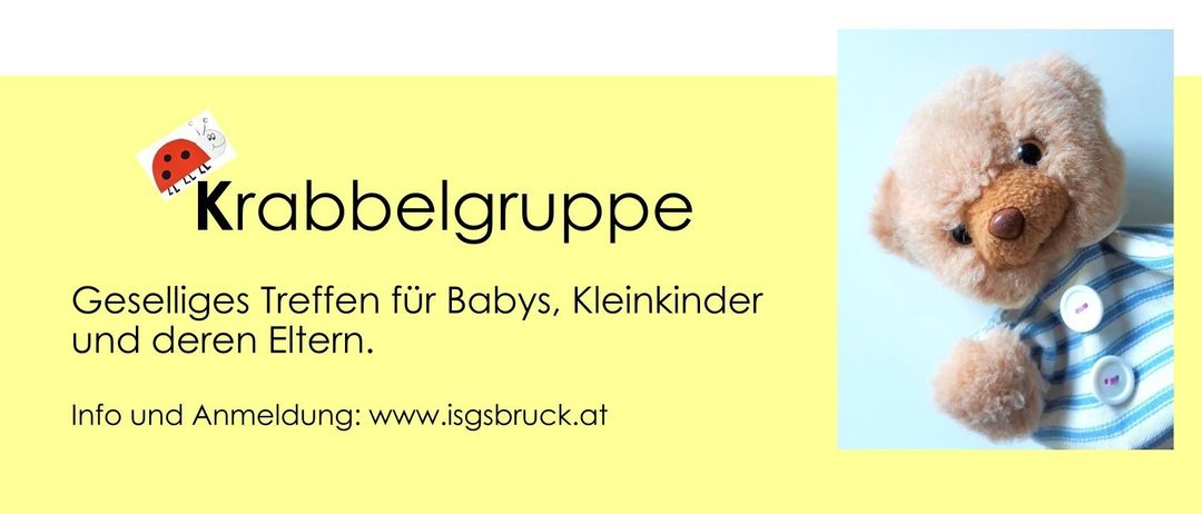Gelber Hintergrund mit schwarzem Text, der 'ebelgruppe fen fur Babys, Kleinkindern.' liest. Website-Adresse unten. Blauer Rand rechts.