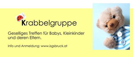 Gelber Hintergrund mit schwarzem Text, der 'ebelgruppe fen fur Babys, Kleinkindern.' liest. Website-Adresse unten. Blauer Rand rechts.