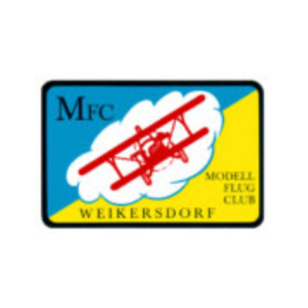 Das Logo des Weikersdorfer Modellflugvereins zeigt ein rotes Doppeldeckerflugzeug, das durch eine Wolke auf blauem und gelbem Hintergrund fliegt. Der Text 'MFC' steht in fetter, schwarzer Schrift über dem Flugzeug.
