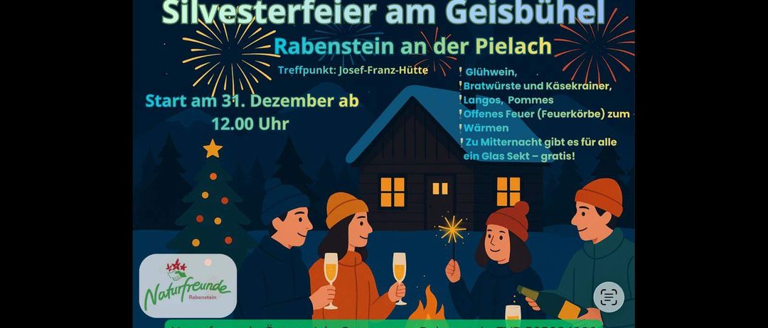 Ein Plakat für die Geisbühel-Weihnachtsfeier in Rabenstein an der Pielach. Es zeigt ein Haus mit einem Weihnachtsbaum und eine Gruppe feiernder Personen. Es enthält Details zur Veranstaltung.