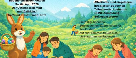 Postkartensuche am Geisbühel in der Pielach am 4. April 2026. Teilnahme ist frei. Eltern sollten ihre Kinder begleiten. Freiwillige Spenden sind willkommen.