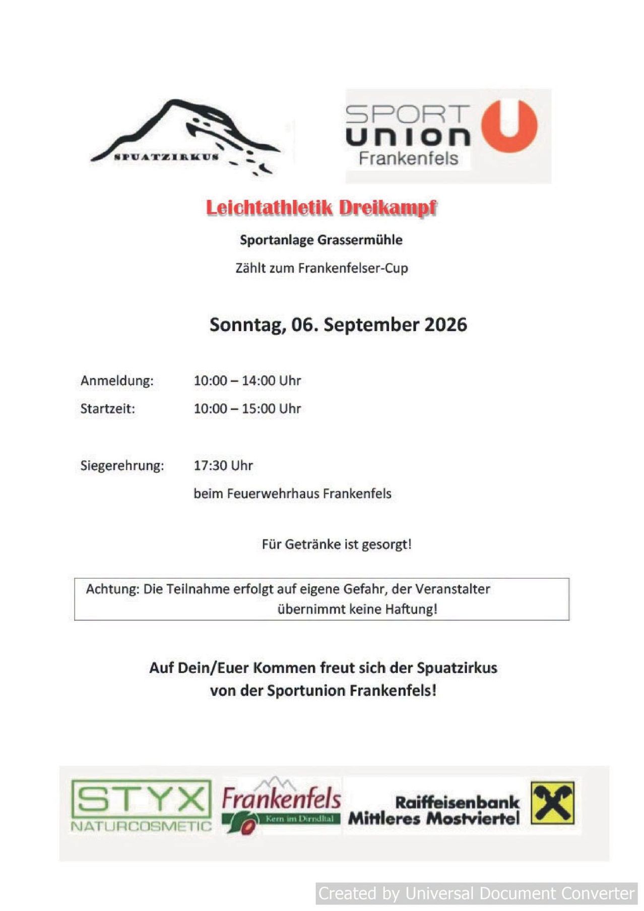 Plakat für einen Dreikampf-Leichtathletikwettbewerb, den Frankenfelser-Cup, geplant für den 6. September 2026. Anmeldung von 10:00 bis 14:00 Uhr, Beginn um 10:00 Uhr und Ende um 15:00 Uhr. Die Siegerehrung findet um 17:30 Uhr im Feuerwehrhaus Frankenfels statt. Getränke sind vorhanden. Die Teilnahme erfolgt auf eigene Gefahr.