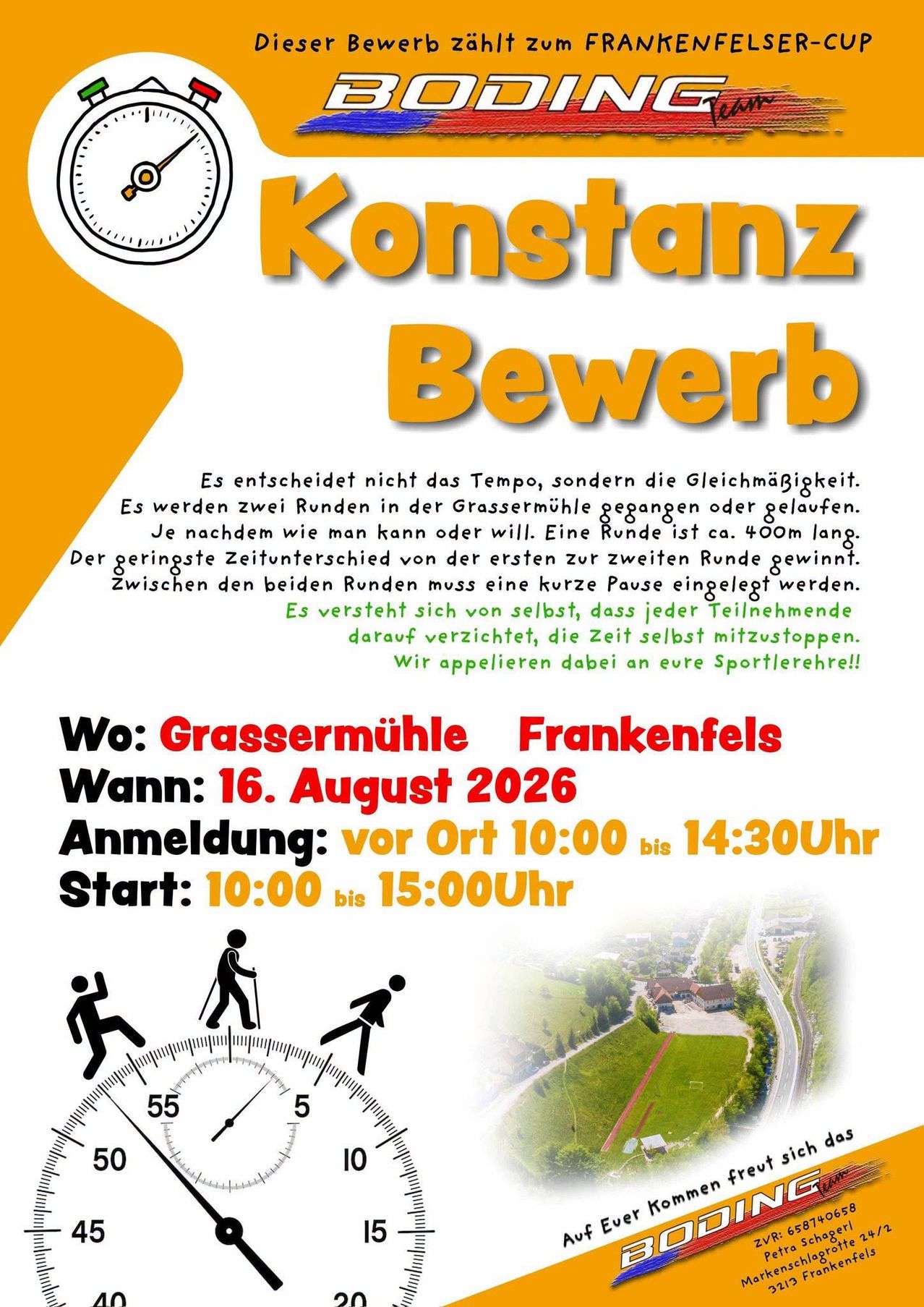 Ein Plakat für die Konstanz Bewerb, das eine Uhr, eine Karte und ein Grasfeld zeigt. Die Veranstaltung findet am 16. August 2026 in der Grassermühle Frankenfels statt. Die Anmeldung ist von 10:00 bis 14:30 Uhr möglich, und die Veranstaltung beginnt um 10:00 Uhr und endet um 15:00 Uhr.