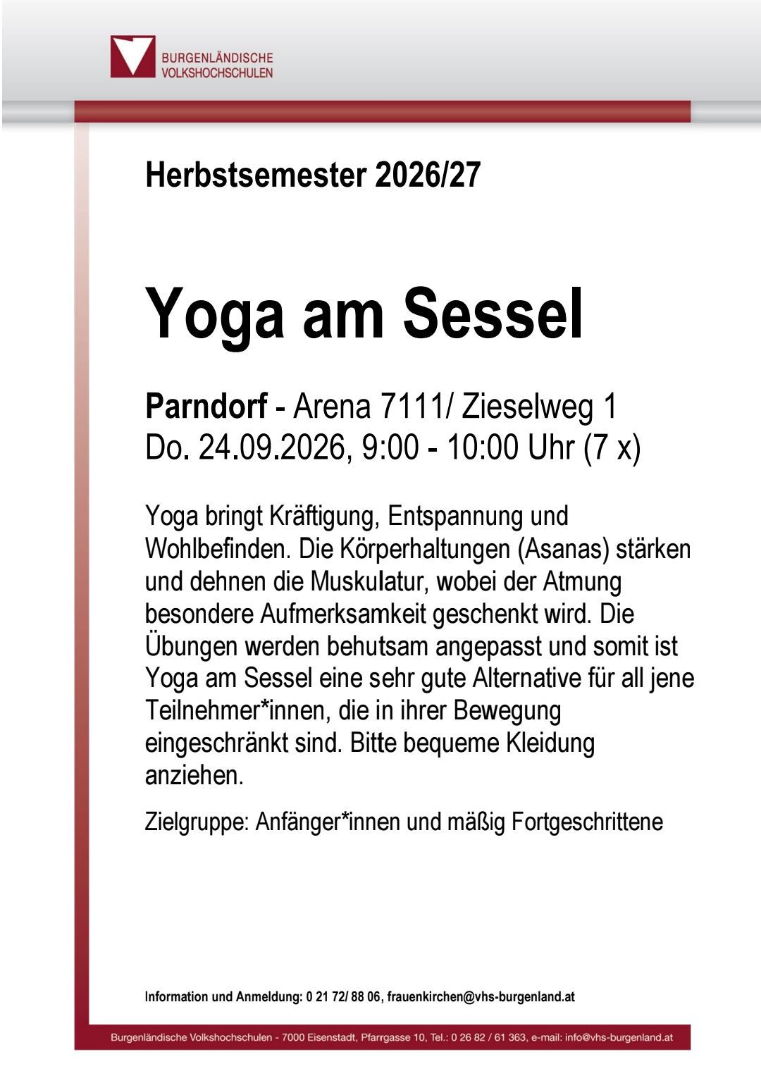 Plakat für Yoga am Sessel, geplant für den 24.09.2026 von 9:00 bis 10:00 Uhr in der Parndorf Arena 7111/Zieselweg 1. Yoga fördert Kraft, Entspannung und Wohlbefinden. Geeignet für Anfänger und Menschen mit eingeschränkter Mobilität.