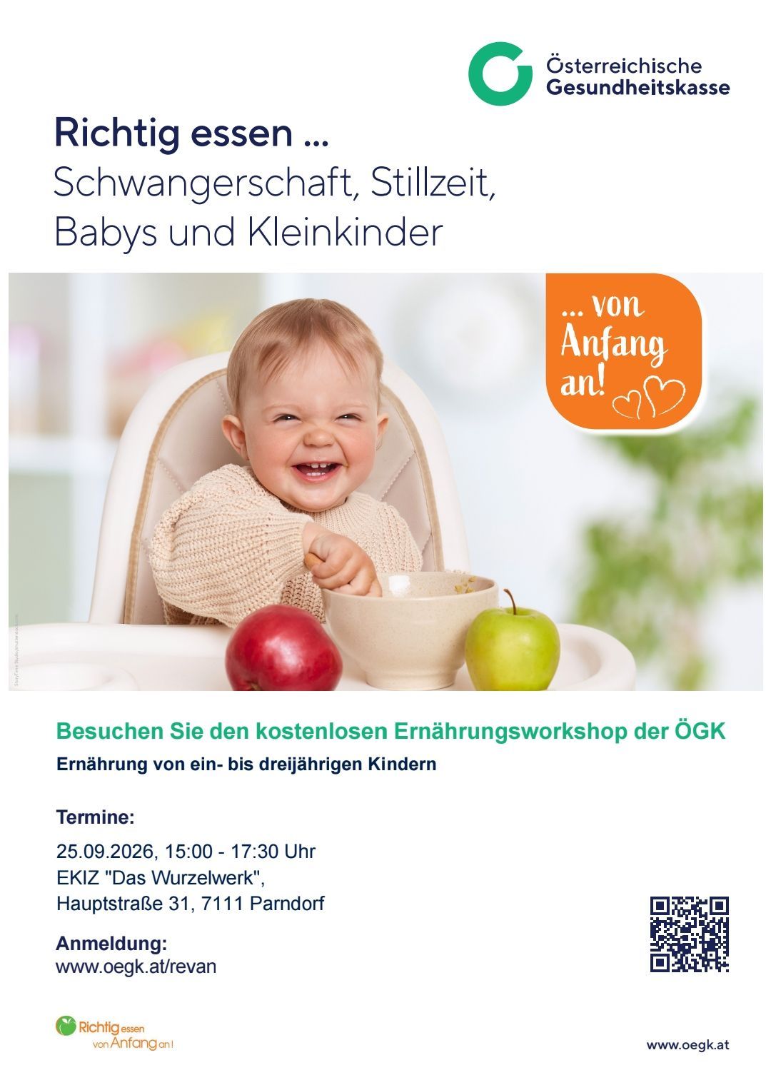 Ein Baby sitzt in einem Hochstuhl, lächelt und hat einen Teller und zwei Äpfel vor sich. Das Bild bewirbt einen kostenlosen Ernährungsworkshop für Kinder im Alter von eins bis drei Jahren.