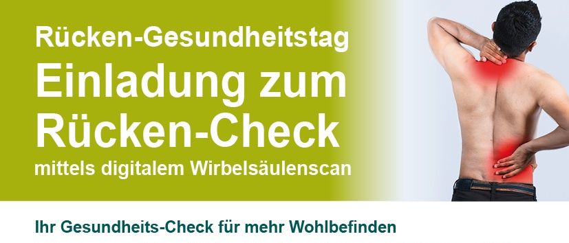 Ein Plakat für einen Rücken-Check am 23. Februar 2026 von 09:00 bis 16:00 Uhr. Es bietet einen persönlichen Gesundheits-Check für mehr Wohlbefinden, einschließlich computergestützter Analyse der Wirbelsäule, einer detaillierten Auswertung der Haltung, individueller Tipps und Übungen für den Rücken. Kontaktieren Sie Cura-San Bandagist GmbH in Graz für einen Rücken-Check.