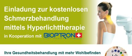Ihre Gesundheitsbehandlung mit mehr Wohlbefinden. Beinhaltet Einführung in die Lichttherapie, Anwendungsbereiche und individuelle Tipps. 28. Mai 2026, 09:00-16:00 Uhr. Cura-San Bandagist GmbH, Messelande 25 / PINKA CENTER, 7400 Oberwart. Termine nach telefonischer Anmeldung unter +43 3352 351 01. Jeder Termin dauert ca. 20 Minuten.