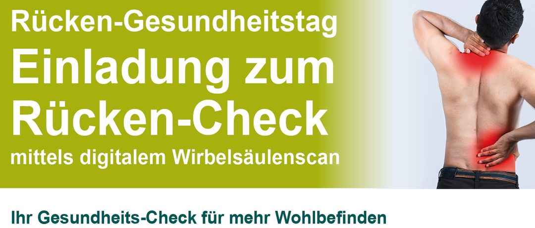 Plakat für einen Rücken-Check-Termin von Cura-San Bandage GmbH, mit digitalem Wirbelsäulenscan, Datum, Uhrzeit und Kontaktinformationen.