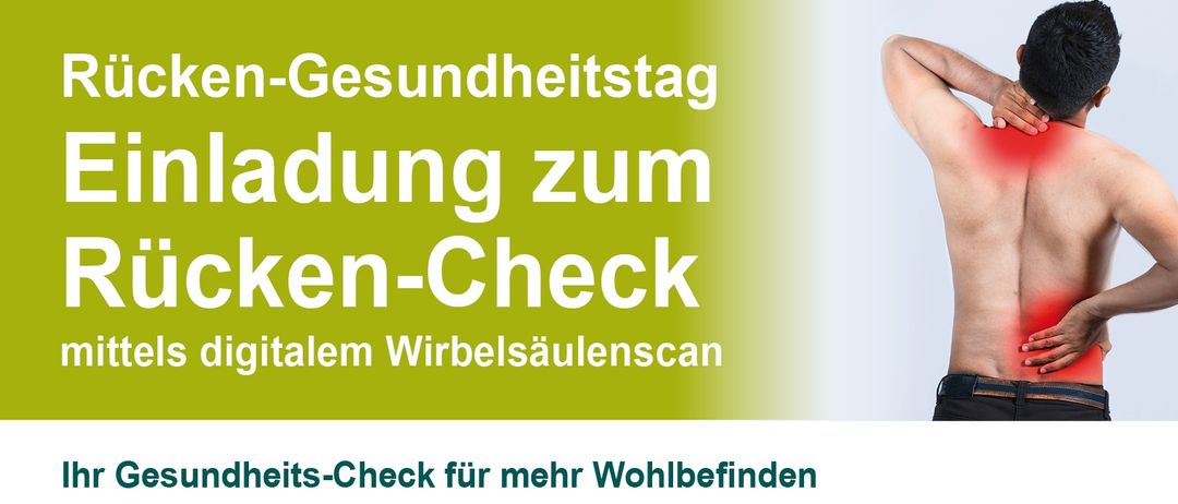 Plakat für einen Rückengesundheits-Check am 21. September 2026, der einen digitalen Wirbelsäulenscan, eine Haltungsanalyse und Ratschläge zur Rückenschmerzprävention anbietet. Veranstaltet von Cura-San Bandagist GmbH in Graz.