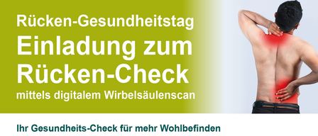 Plakat für einen Rückengesundheits-Check am 21. September 2026, der einen digitalen Wirbelsäulenscan, eine Haltungsanalyse und Ratschläge zur Rückenschmerzprävention anbietet. Veranstaltet von Cura-San Bandagist GmbH in Graz.
