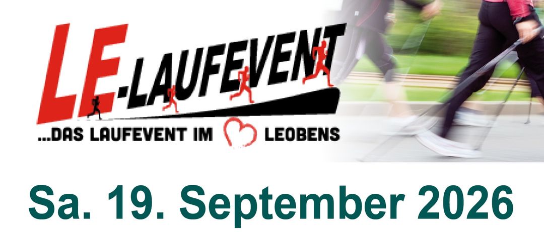 Plakat für eine Nordic Walking-Veranstaltung in Leoben am 19. September 2026. Die Veranstaltung beginnt um 13:30 Uhr. Die Veranstaltung ist inklusiv, was bedeutet, dass jeder teilnehmen kann, unabhängig von der Gehfähigkeit.