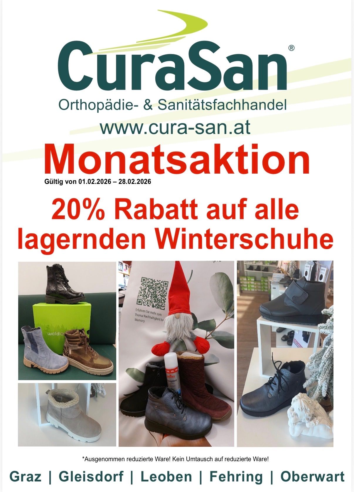 Werbung für das Orthopädie- und Gesundheitsfachgeschäft Cura-San. Es bietet 20% Rabatt auf alle vorrätigen Winterschuhe an. Der Rabatt gilt vom 01.02.2026 bis 28.02.2026.