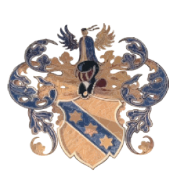 Ein Wappen zeigt einen Schild mit blau-goldenem Hintergrund. Es ist mit einem Sternenmuster versehen. Über dem Schild steht eine Figur eines Mannes mit Hut und Schwert.