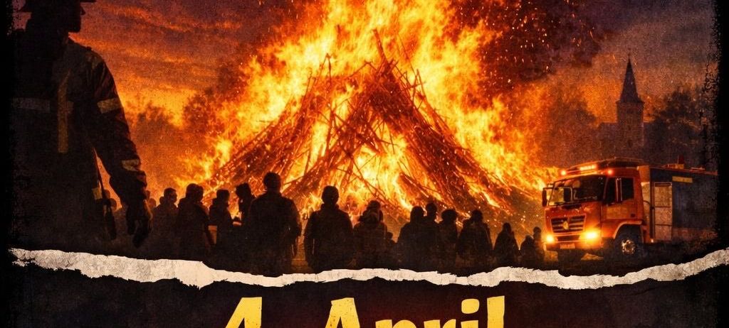 Ein Plakat für ein Feuerfestival am 4. April um 18:00 Uhr. Ein Feuerwehrmann steht vor einem großen Feuer, das von Menschen beobachtet wird.