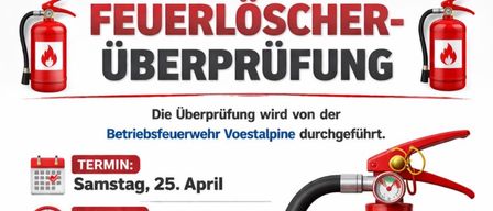 Eine Überprüfung der Feuerlöscher durch Voestalpine findet am Samstag, 25. April, von 08:00 bis 12:00 Uhr im Feuerwehrhaus Niklsdorf statt. Vorab-Prüfungen sind am Freitag, 24. April, von 17:00 bis 19:00 Uhr möglich. Die Gebühr beträgt 10€ pro Überprüfung. Sicherheitsüberprüfung durch Fachpersonal ist garantiert.