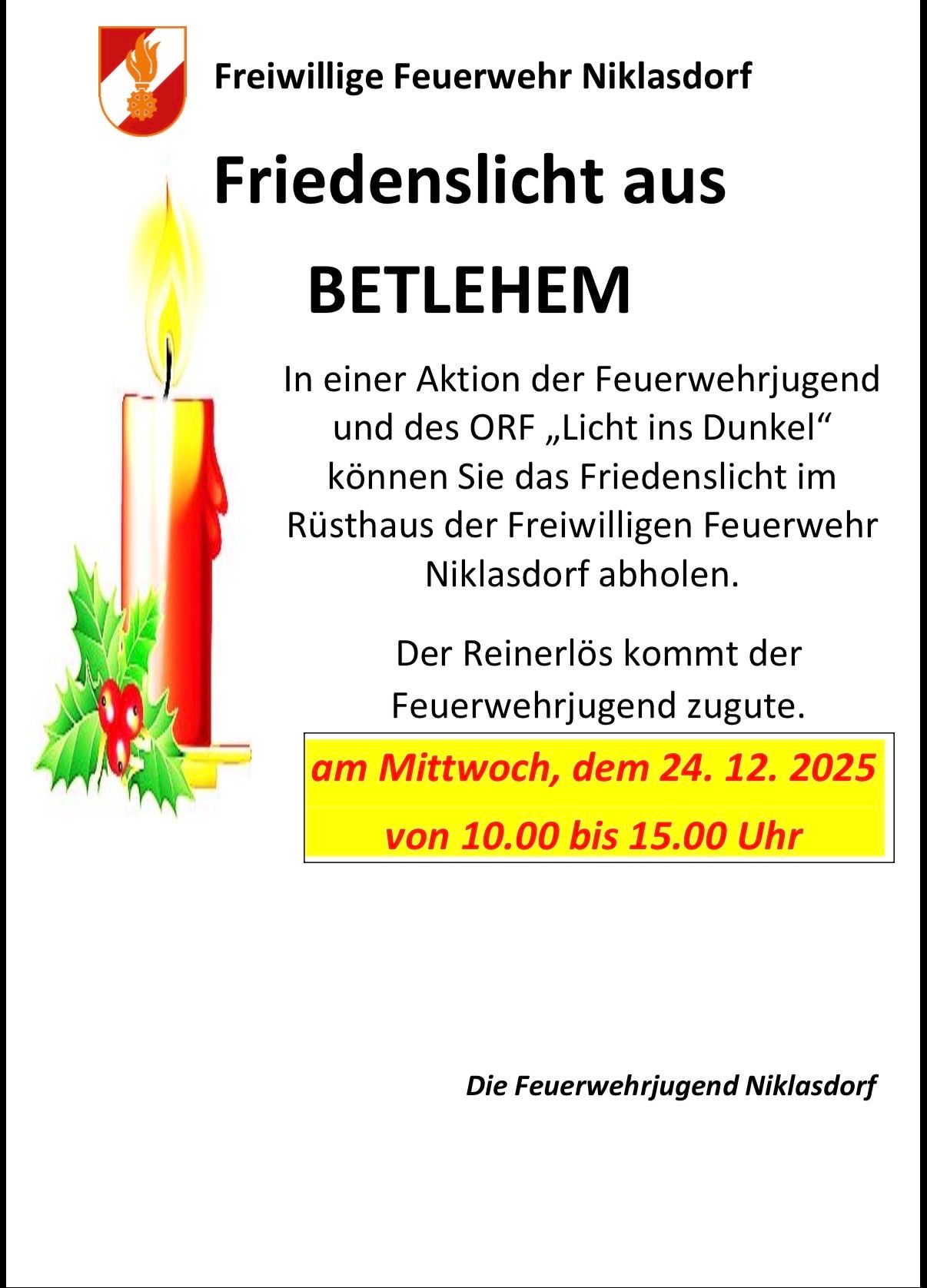 Plakat für eine Kerzenanzündeaktion bei der Freiwilligen Feuerwehr Niklasdorf am 24. Dezember 2025 von 10:00 bis 15:00 Uhr. Die Veranstaltung heißt Friedenslicht aus Bethlehem.