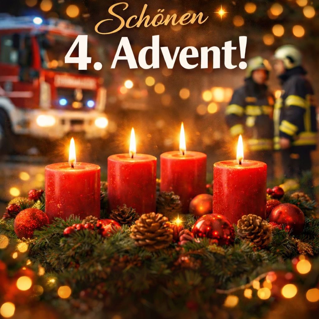 Ein Bild von vier brennenden roten Kerzen, umgeben von Tannenzapfen und Weihnachtskugeln. Hinter den Kerzen stehen zwei Feuerwehrleute. Über den Kerzen befindet sich ein Feuerwehrauto.