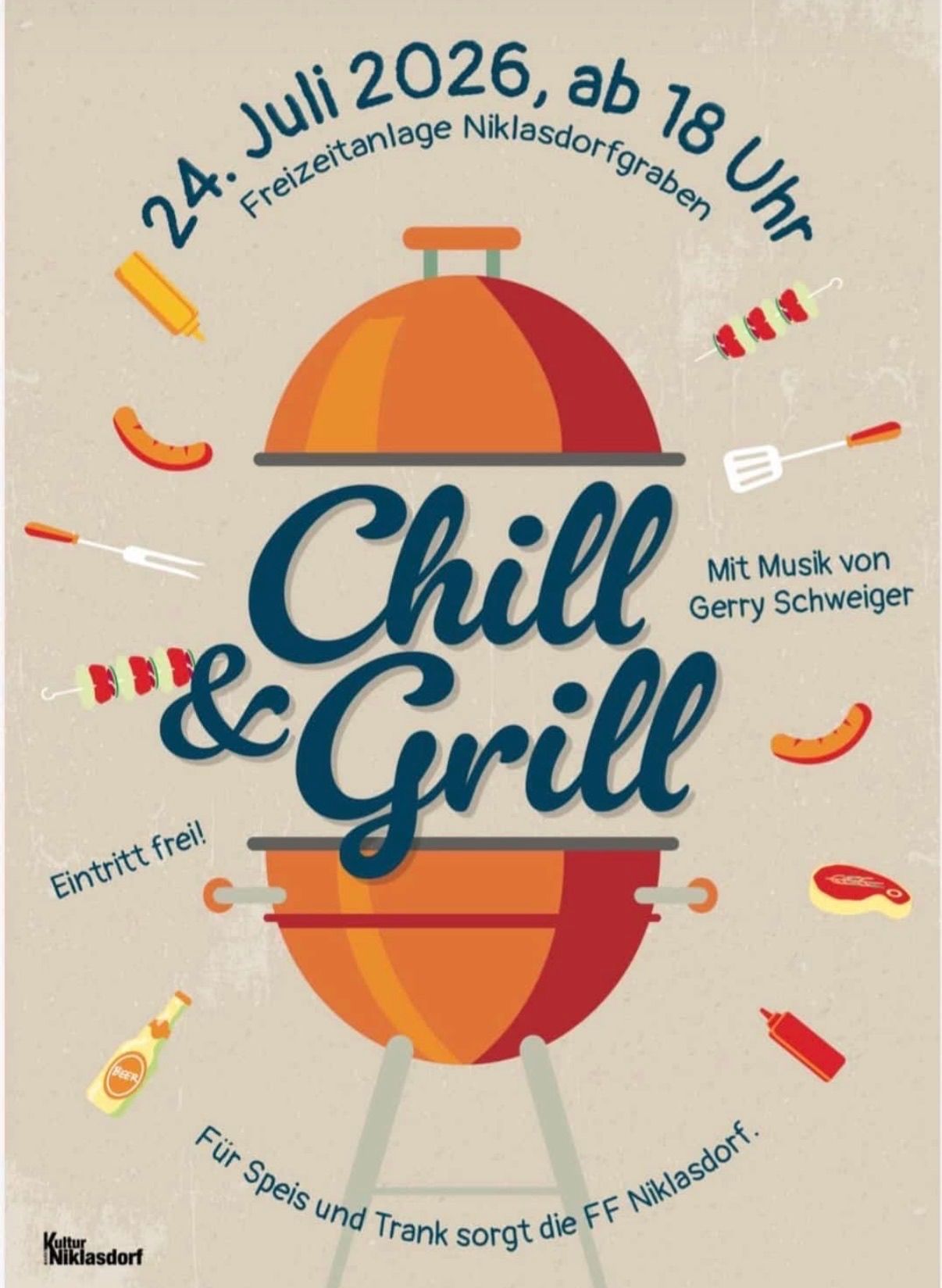 Ein Werbeplakat für eine 'Chill & Grill'-Veranstaltung mit einem Grill, Würstchen und verschiedenen Kochutensilien. Das Plakat hat ein verspieltes Design mit Text in Blau und Orange.